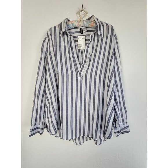 H&M Womens Striped Long-Sleeve V-Neck Popover Blouse US 12 White 100% Cotton New - Picture 1 of 7